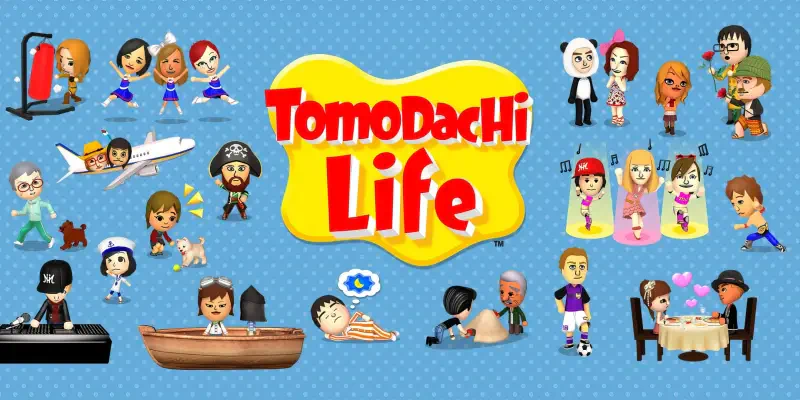 Colorful Tomodachi Life banner showing many Mii characters doing activities—eating, boating, dancing, swimming—surrounding the yellow-and-red logo on a blue polka-dot background.