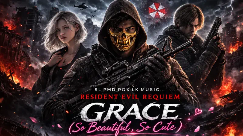 Poster for Resident Evil Requiem (Resident Evil) by SL PMD ROX: hooded skeletal zombie with rifle between two survivors, burning city and Umbrella Corp logo in the background.