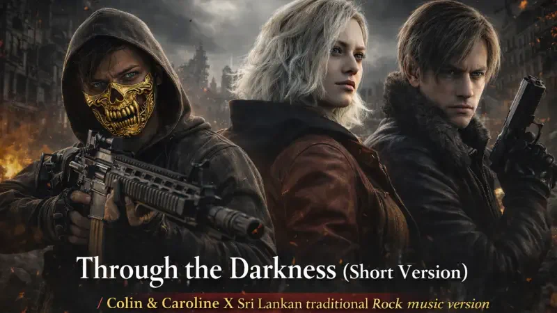 Resident Evil Requiem poster: three armed survivors—a skull-masked hooded shooter, a blonde woman and a male lead—stand amid burning ruins as zombies approach. SL PMD ROX.