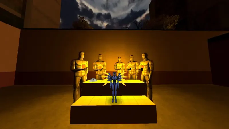 ULTRAKILL video game scene: a small blue humanoid stands on a glowing golden altar, flanked by four tall stone statues inside a dim hall under a stormy sky.