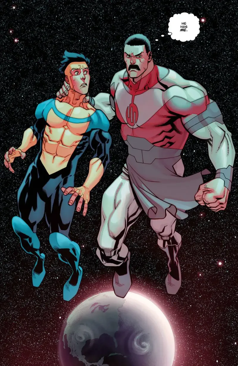 Image Comics art: Viltrumite warlord Thragg grips Mark Grayson’s shoulder as they hover in star-filled space above a planet.