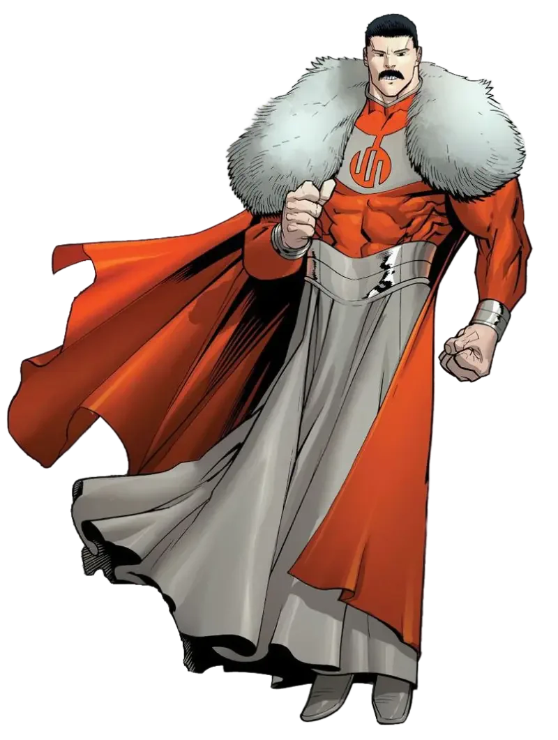 Thragg from Image Comics: imposing mustached superpowered figure in red and white costume, fur-trimmed cloak and flowing cape, clenched fist and stern expression.