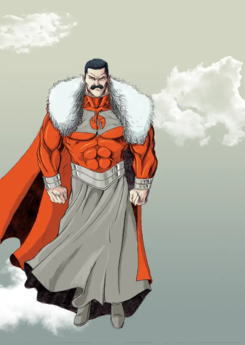 Image Comics' Thragg: a mustached, muscular comic-book character in red armor and fur-collared cape with gray skirted lower garment, hovering above clouds with a stern expression.