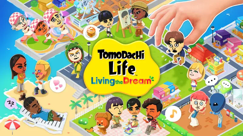 Tomodachi Life simulation game art: Mii-style characters interacting across a colorful neighborhood board around the Tomodachi Life: Living the Dream logo.