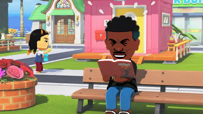 Tomodachi Life simulation game scene: a stylized Mii sits on a park bench reading a book while another Mii walks by in a bright, colorful neighborhood.