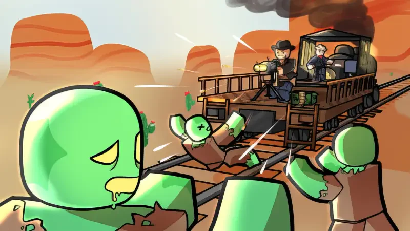 Video game scene from Roblox Dead Rails: green blocky characters exchange gunfire with outlaws aboard a wooden locomotive racing through a sunlit desert canyon.