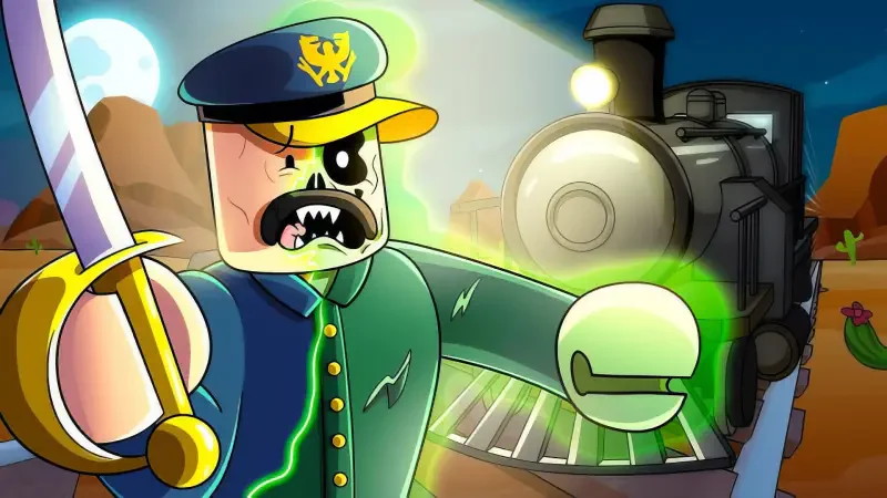 Video game Dead Rails (Roblox) artwork: skeletal conductor in a captain's hat wields a sword and green ghost energy as a haunted steam train rolls through a desert.
