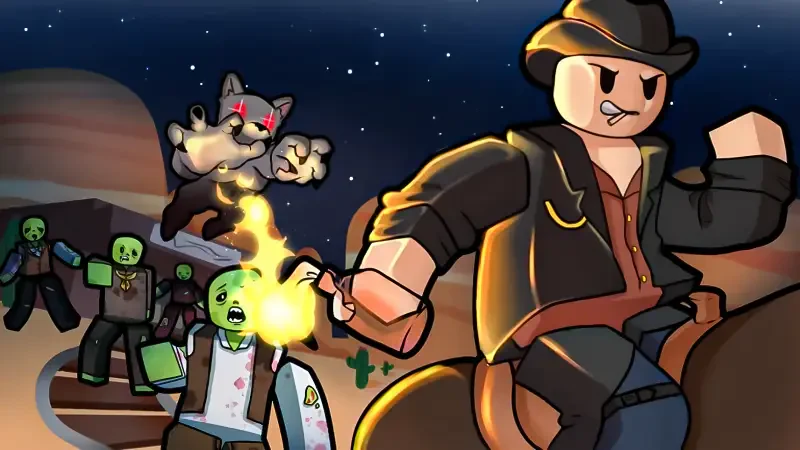 Dead Rails (Roblox) video game art: a cowboy hero fires a flaming flare at approaching zombies in a starry desert night while a snarling cat leaps nearby.