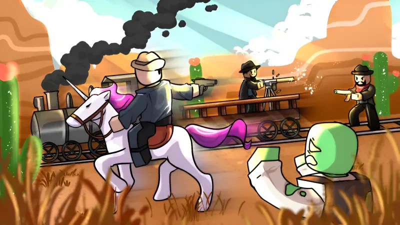 Roblox Dead Rails video game art: western desert shootout with a steam train, smoke, armed characters and a rider on a white horse amid cacti and tall grass.