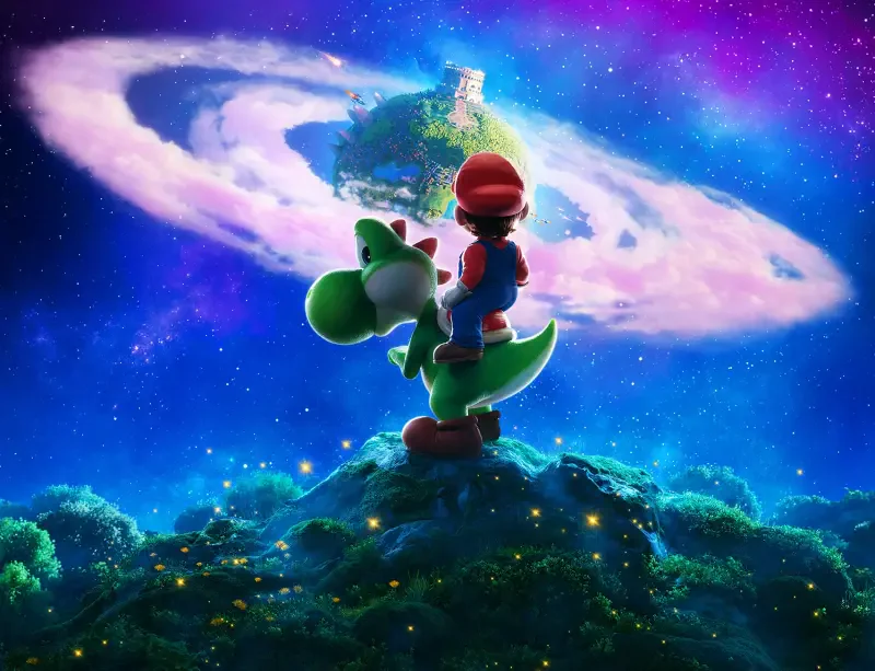Mario atop Yoshi on a grassy asteroid, gazing toward a glowing ringed planet and distant tower amid the colorful Super Mario Galaxy.