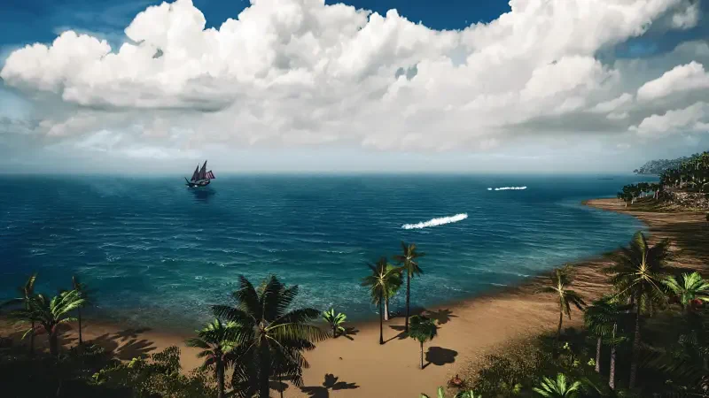 Game screenshot from The Lord of the Rings Online: palm-fringed tropical beach and calm blue sea with a sailing ship on the horizon beneath dramatic clouds.