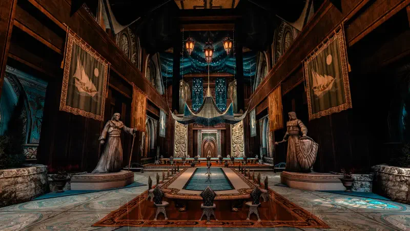 Game screenshot from The Lord of the Rings Online: a grand palace throne hall with a long banquet table, banners, stone statues and ornate carpets beneath vaulted ceilings.
