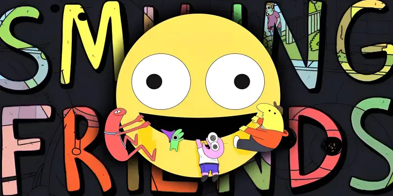 Smiling Friends TV show artwork: a large yellow smiling face holds small quirky characters against bold, colorful SMILING FRIENDS lettering.