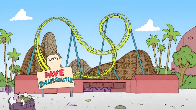 Animated scene from the TV show Smiling Friends: an empty amusement park with a looping yellow rollercoaster, palm trees and a DAVE ROLLERCOASTER sign.