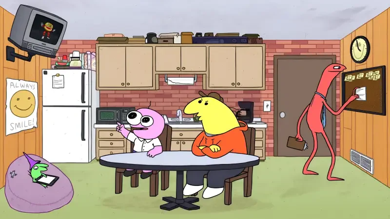 TV show Smiling Friends scene: four quirky characters in a cozy kitchen — pink round figure and yellow bird at a table, a tall red character at a bulletin board, purple beanbag nearby.