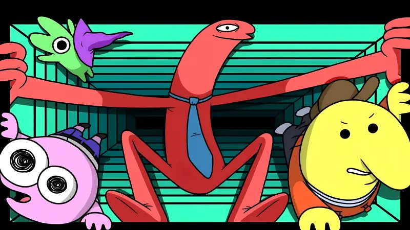 Characters from the TV show Smiling Friends: a lanky red figure in a tie, a yellow round character, and other colorful smiling creatures framed by teal horizontal stripes.