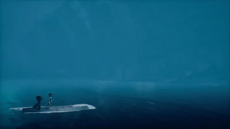 Two small figures on a makeshift raft drift across a vast, eerie teal sea in a Little Nightmares II scene.
