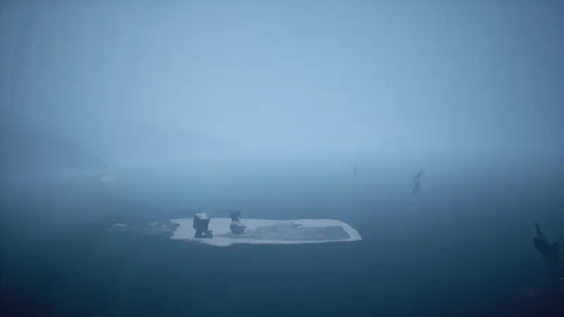 Two small figures drift in a bathtub across fog‑shrouded water in Little Nightmares II, surrounded by distant shadowy silhouettes and a pale blue haze.