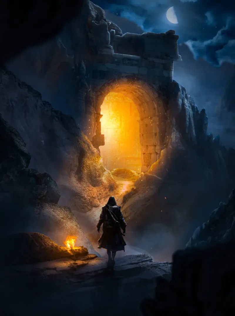 Survivor cloaked figure walks toward a glowing stone arch in moonlit ruins, a small campfire flickering beside the path.