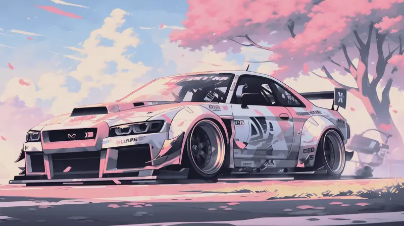 Digital art, digital painting illustration artwork: landscape of a pink-and-white wide-body race car beneath blooming cherry trees and a pastel sky.
