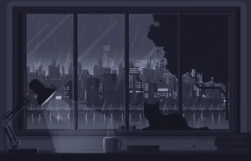 Digital art, digital painting illustration artwork: moody urban landscape at night through a rain-specked window, silhouetted desk lamp and cat on the sill.