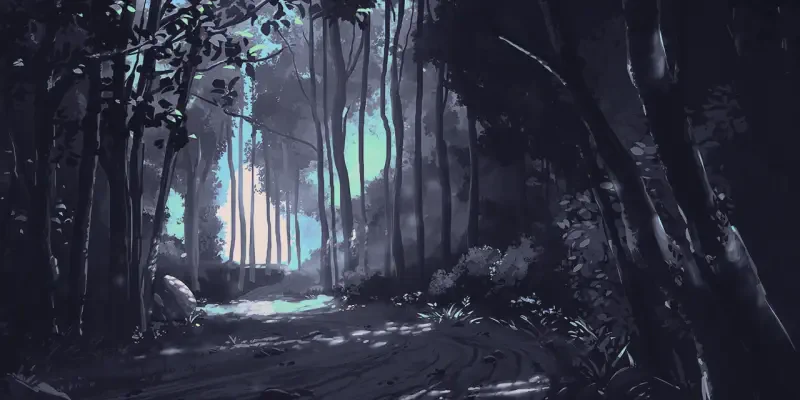 Digital painting illustration: a moody landscape artwork of a shadowed forest path opening to a glowing turquoise clearing.