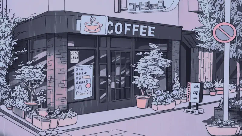 Digital art — a digital painting illustration and artwork: pastel-hued landscape of a cozy corner coffee shop with potted plants.