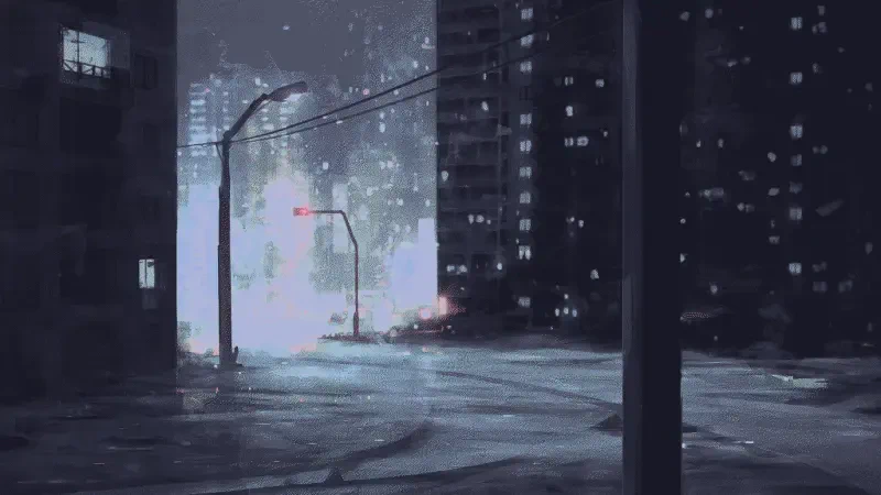 Digital art, digital painting, illustration — an artwork landscape of a moody urban night: wet, misty street flanked by tall, lit apartment towers and a glowing traffic light.