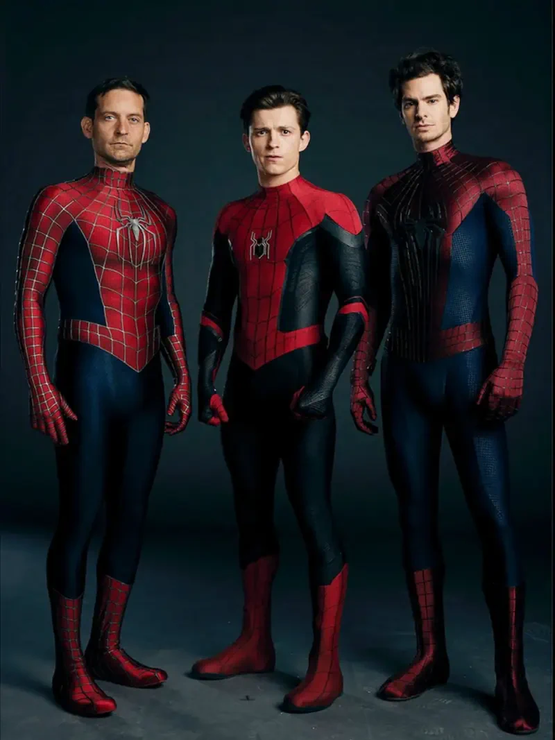 Three Spider-Man variants in distinct suits pose side-by-side against a dark backdrop — promotional image for the movie Spider-Man: No Way Home.