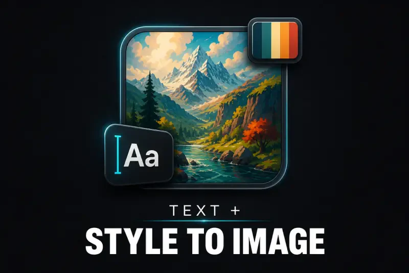 App-style icon of a painted mountain landscape with an Aa typography badge and a color swatch on a dark background, captioned TEXT + STYLE TO IMAGE.