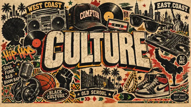 Artistic illustration celebrating Hip Hop roots and pop culture: vintage collage reading 'CULTURE' with boombox, vinyl, turntables, graffiti, breakdancer, Compton cap and coast icons.