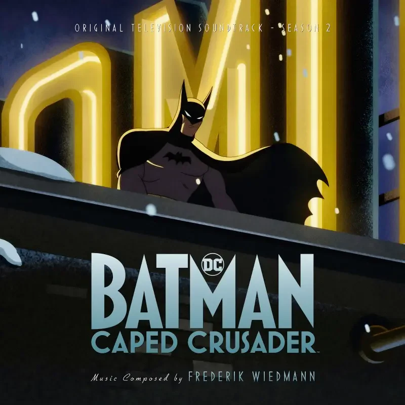 Batman stands against glowing gold lettering on the Batman: Caped Crusader TV show soundtrack cover.