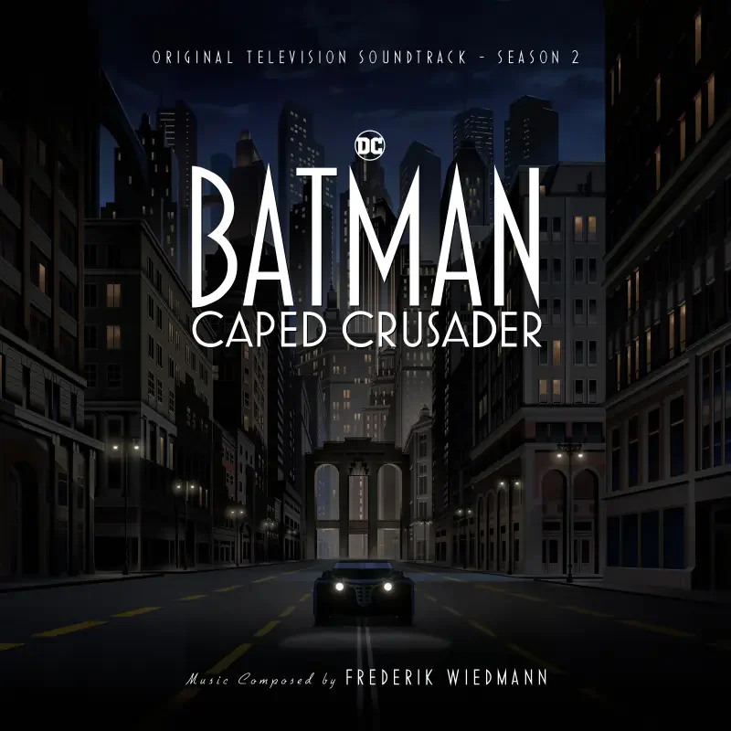 Batman: Caped Crusader TV show soundtrack cover, featuring Batman’s car on a dark city street beneath the series title.