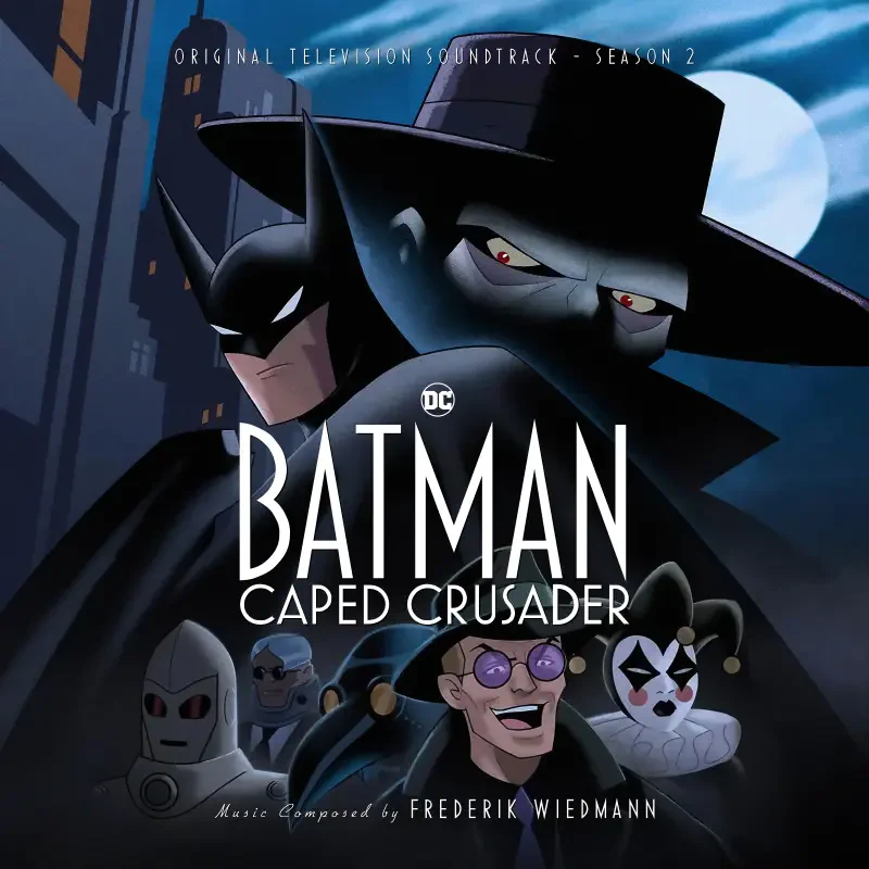 Batman: Caped Crusader season 2 soundtrack cover featuring Batman and Gotham villains beneath a full moon.