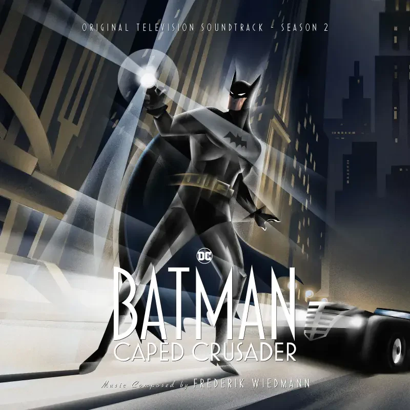 Batman stands atop a car in a rain-soaked city on the Batman: Caped Crusader Season 2 soundtrack cover.