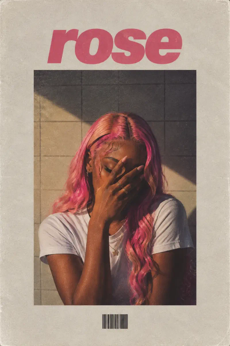 Retro art album cover poster featuring a woman with pink hair beneath the bold title “rose,” styled as vintage decor.