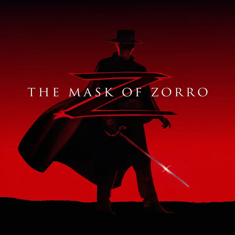 The Mask of Zorro movie poster featuring a masked swordsman silhouetted against a striking red background.