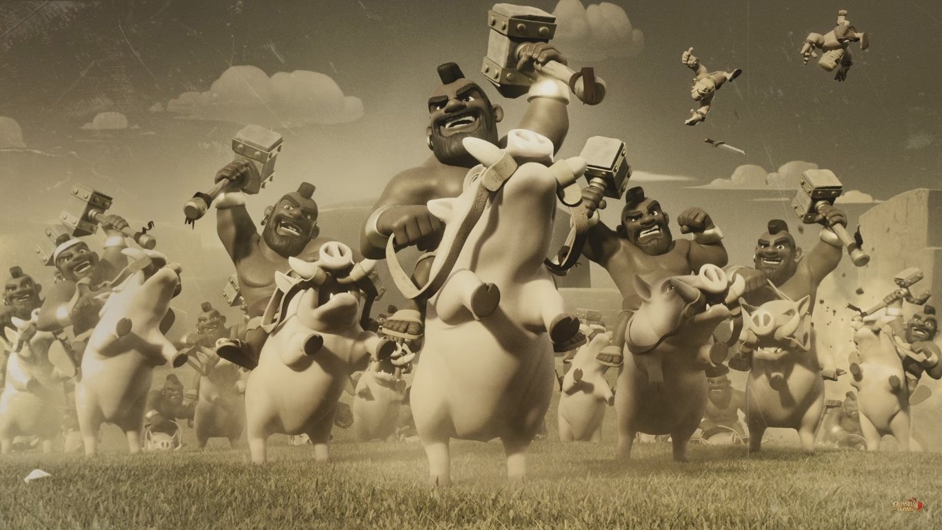 A sepia-toned scene from the Clash of Clans video game featuring characters riding sheep into battle on a grassy field.