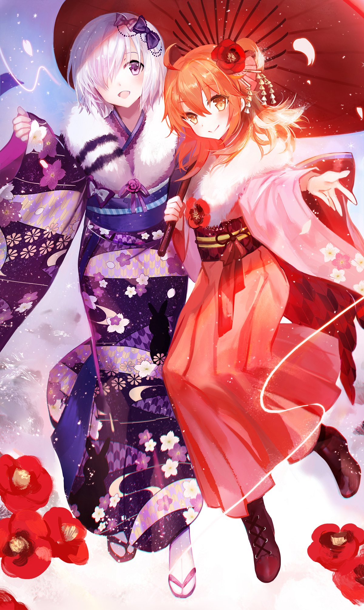 Anime, Fate/Grand Order: two Servants in winter kimonos—one silver-haired in purple, one orange-haired in red—sharing a red umbrella amid falling snow and camellia blossoms.