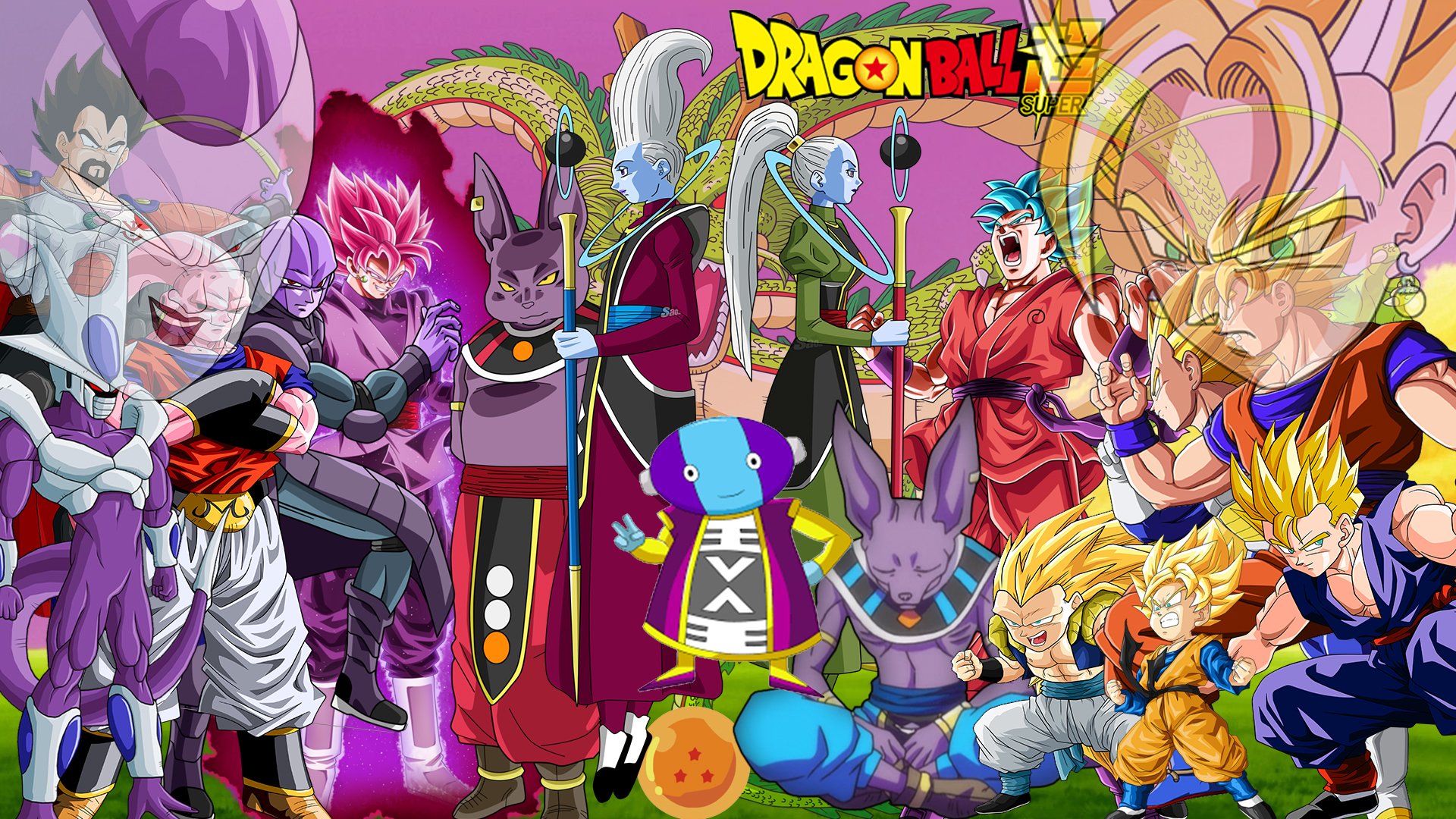A vibrant scene from Dragon Ball featuring King Vegeta, Black Goku, Super Saiyan Goku, Gohan, and Goten amidst iconic characters and elements from Dragon Ball Super.