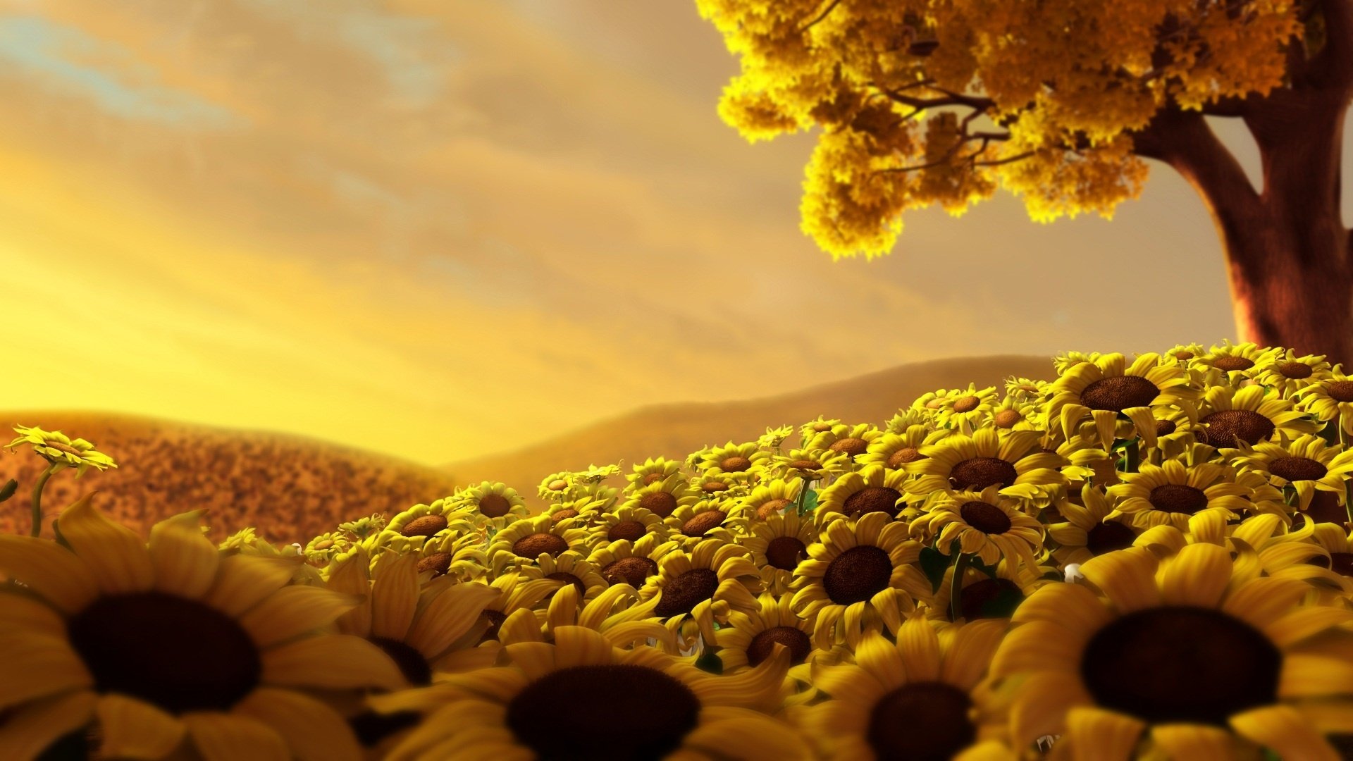 A vibrant field of sunflowers stretches under a golden sky, with a large, glowing tree adding to the serene natural scene filled with blooming flowers.