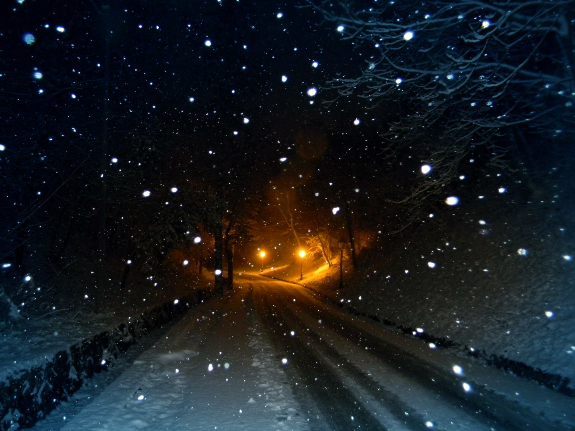 A snow-covered road is illuminated by warm streetlights during a night snowstorm, creating a serene and atmospheric winter scene. Snowflakes drift gently through the air.