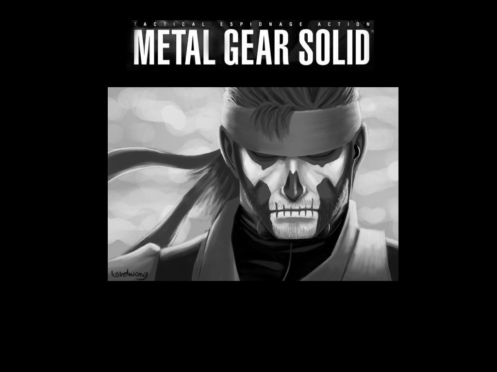 A monochrome illustration of a character from Metal Gear Solid, showcasing a skull face and intense expression, with the title prominently displayed above. A nod to Konami's iconic video game.