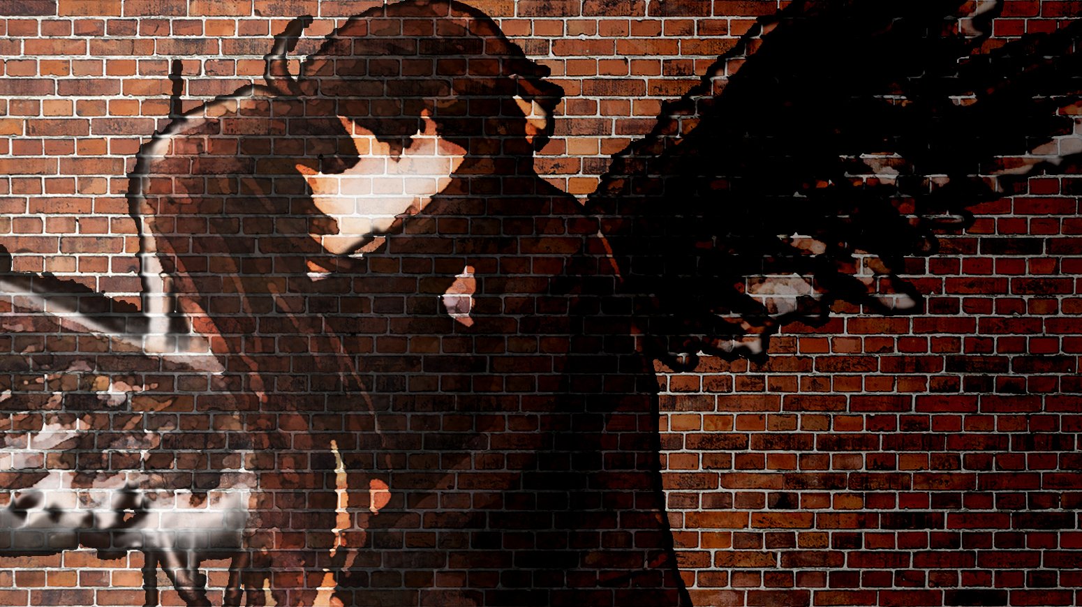 Anime-style mural inspired by My Teen Romantic Comedy SNAFU: a shadowed figure with tattered black wings looming against a red brick wall.