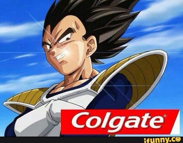 Vegeta from Dragon Ball Super strikes a fierce pose against a blue sky, showcasing his powerful presence alongside a prominent Colgate logo.