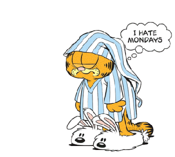 Garfield, wearing blue pajamas and bunny slippers, stands grumpily with a thought bubble saying, I HATE MONDAYS, humorously capturing his iconic disdain for the start of the week.