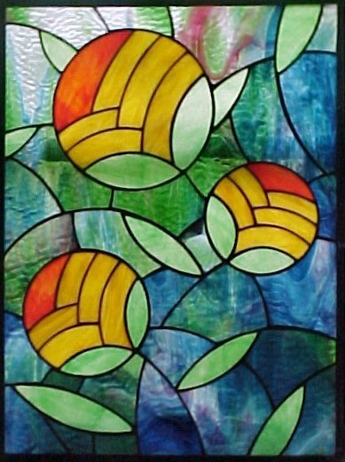 Abstract stained glass artwork featuring three stylized yellow and orange flowers with green leaves, set against a vibrant blue and green Art Deco-inspired background.