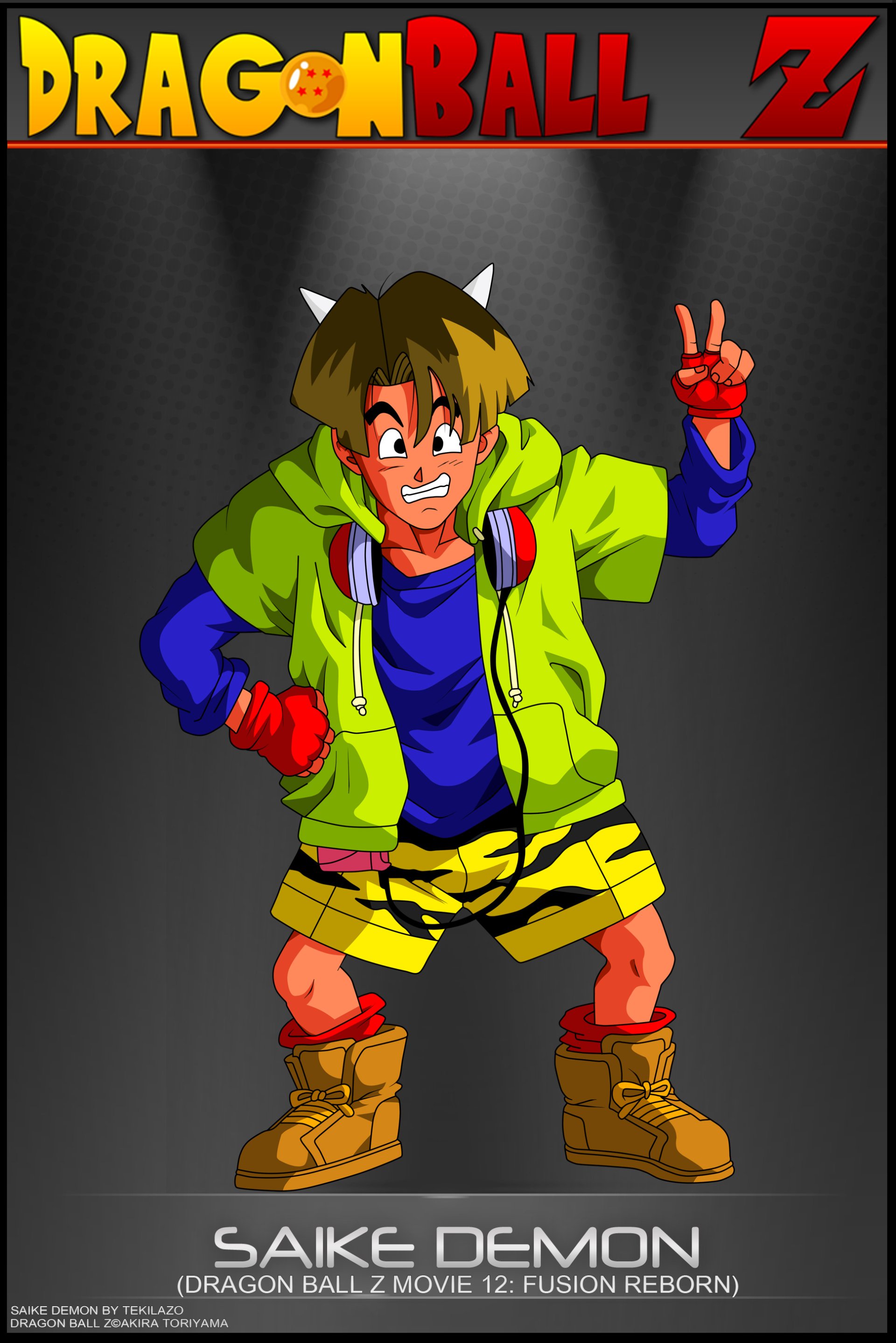 Saike Demon from Dragon Ball Z Movie 12: Fusion Reborn, shown as a cartoon anime character wearing a green jacket, blue shirt, yellow shorts, and brown boots.