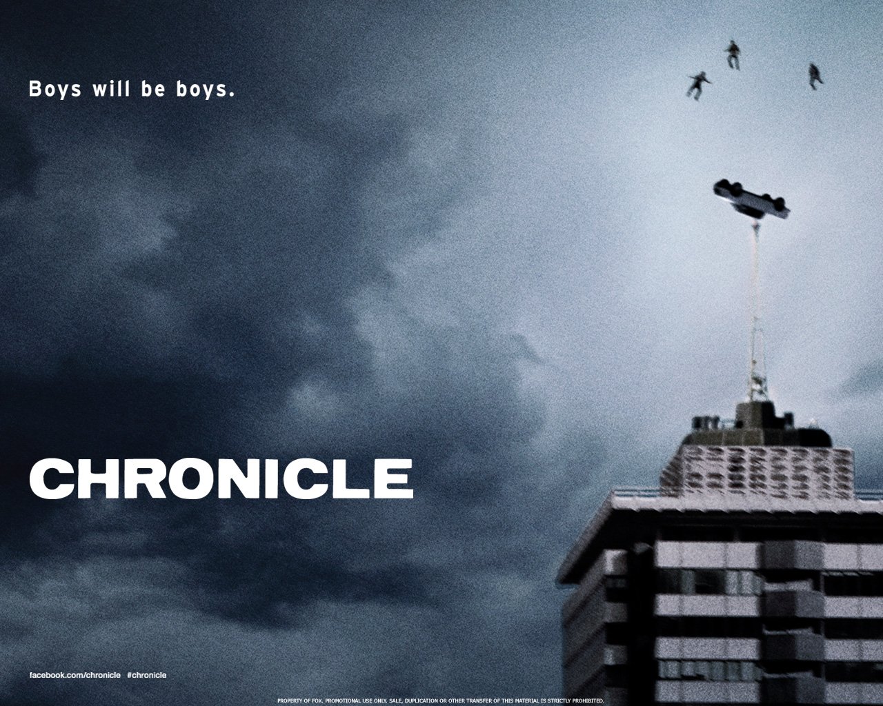 Movie Chronicle poster: stormy sky over a city skyscraper as four figures levitate above it, with the tagline Boys will be boys.