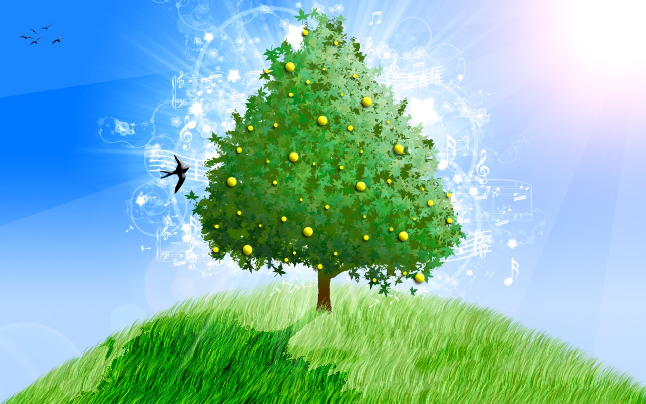 A vibrant tree with lemons grows on a grassy hill, set against a bright blue sky and sunlight, creating a cheerful and refreshing scene.